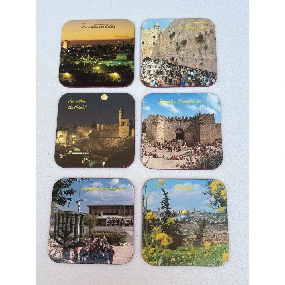 Drink Coasters Jerusalem themed Set of 6 Vintage iconic historical sites 4 x 4